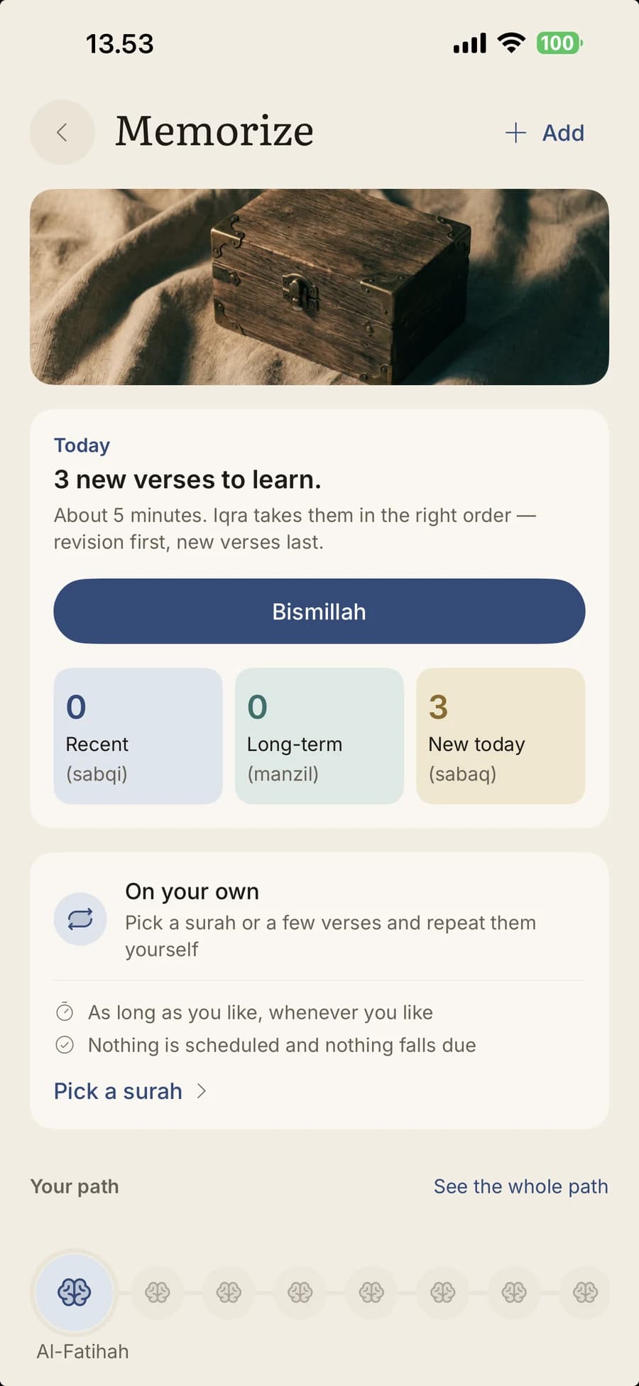Iqra Memorize screen showing a daily plan for new verses, recent revision and longer-term review