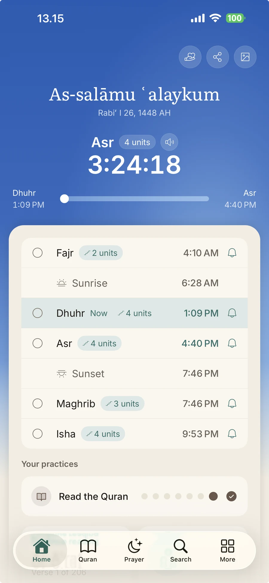 Iqra prayer overview with the next-prayer countdown and daily prayer times