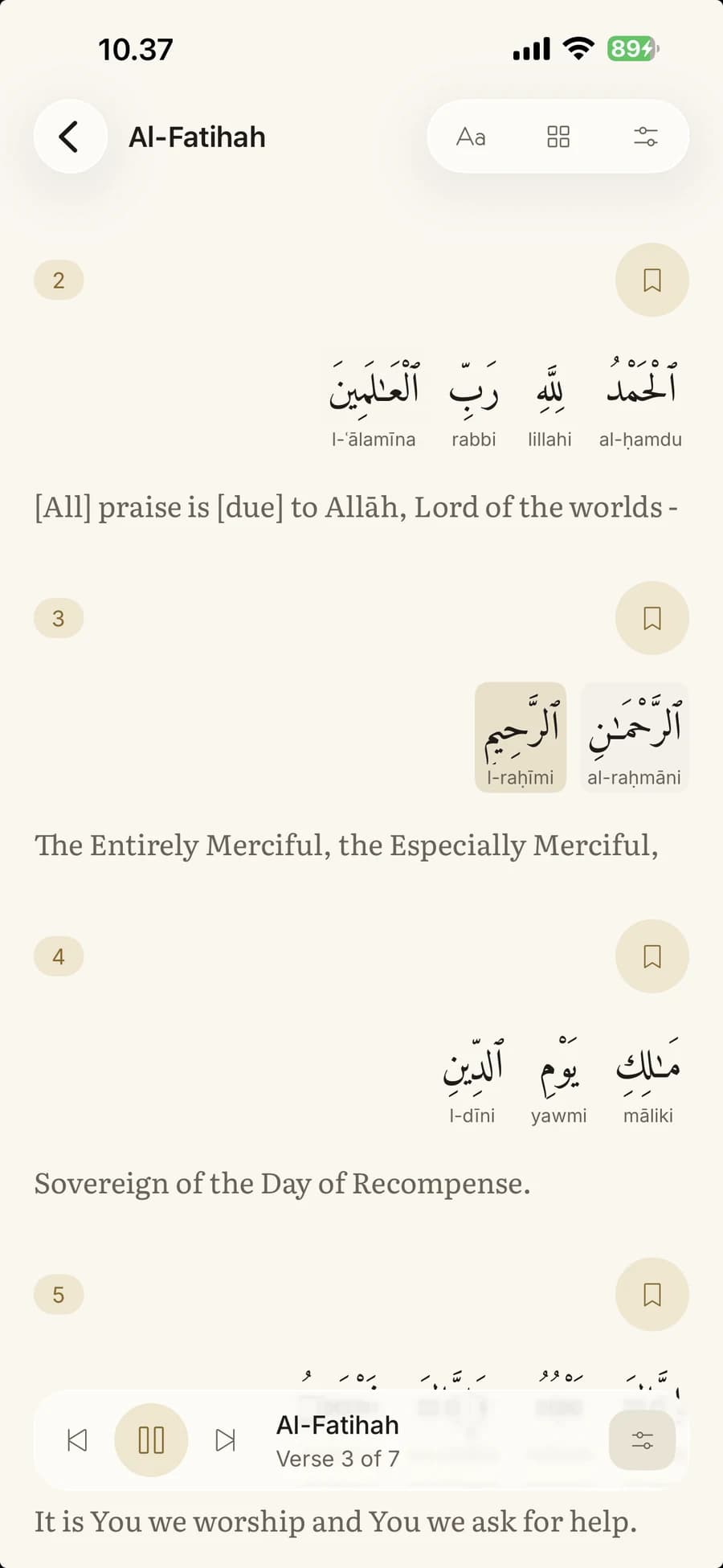 Iqra's real word-by-word Quran reader showing Al-Fatihah with Arabic, pronunciation support and English meaning