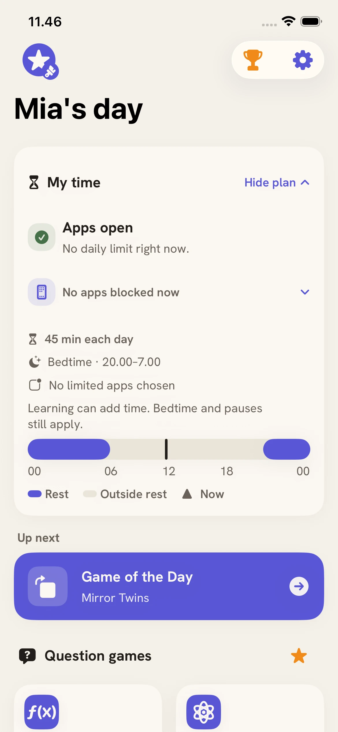 The child’s expanded time plan shows a saved allowance and bedtime timeline, with a reminder that bedtime and pauses still apply. No limited apps have been chosen in this example.