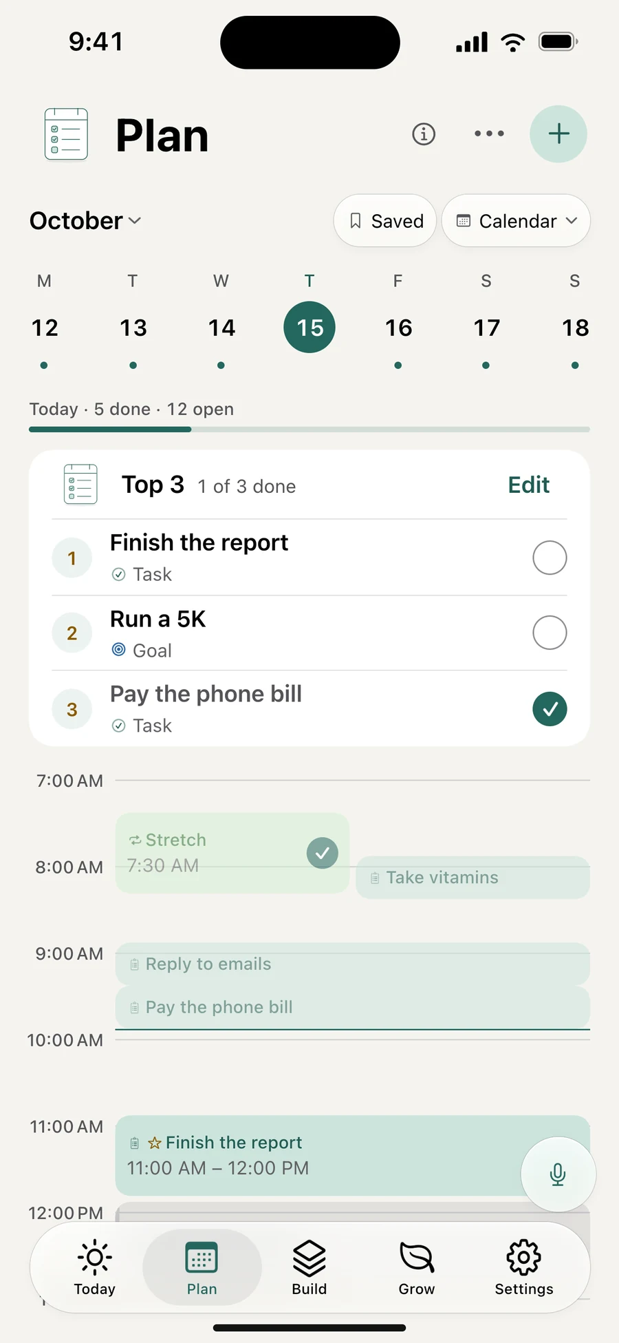 Vela 2.0 interface illustration: calendar events and tasks together in a day view
