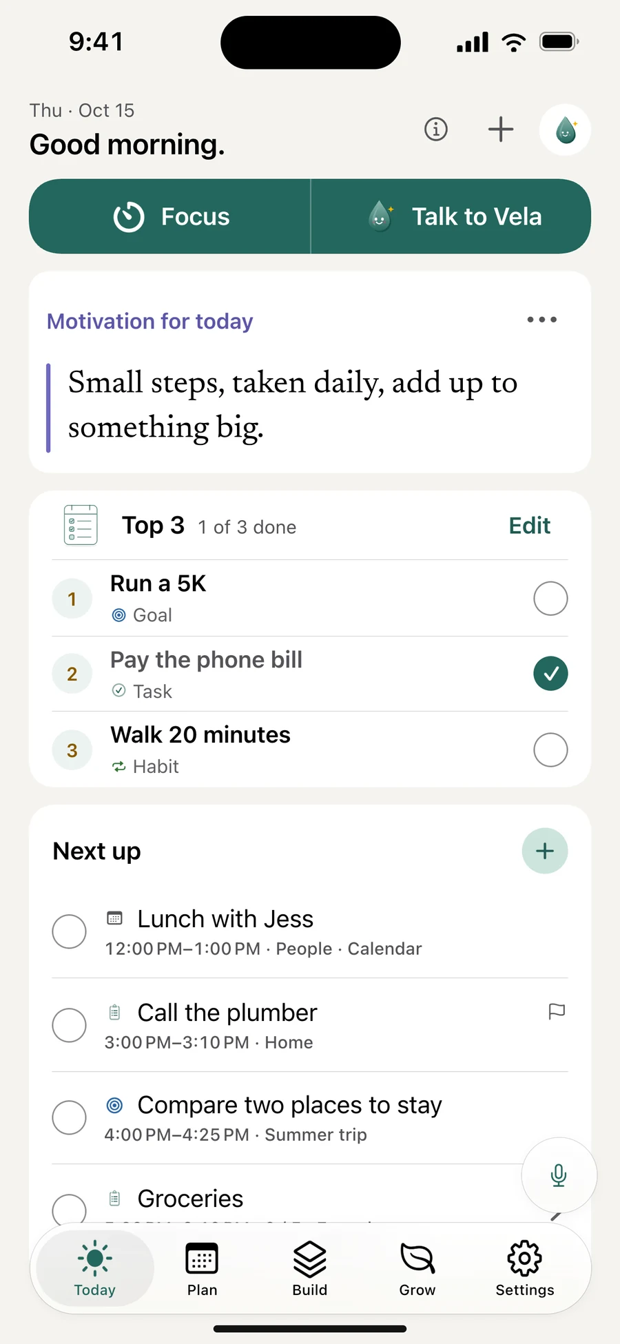 Vela 2.0 Today interface illustration with Focus, Talk to Vela, Top 3 and the day's plan